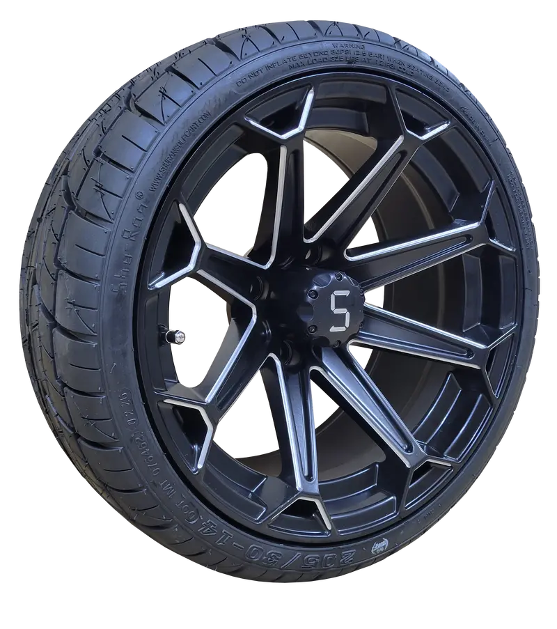 14-Inch Barbarian Matte Black Golf Cart Wheel & Tire Bundle – 205/30-14 Street Talon (4-Piece) 1