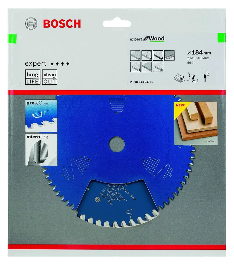Bosch Expert Wood-Cut Circular Saw Blade – 184 Mm Diameter, 16 Mm Bore, 2.6 Mm Kerf, 56 Teeth (2608644037) 1