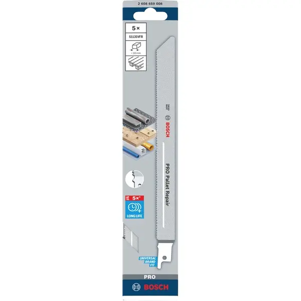 Bosch Pro S1135Vfr Pallet Repair Jigsaw Blades — 1.25 × 19 × 225 Mm, 5-Pack (2608659008) 1