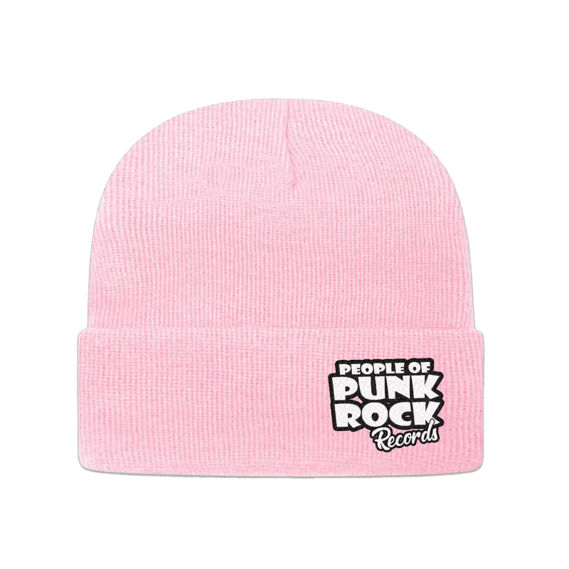 Popr Records Beanie – Pink 'White Logo / Side' Design 1